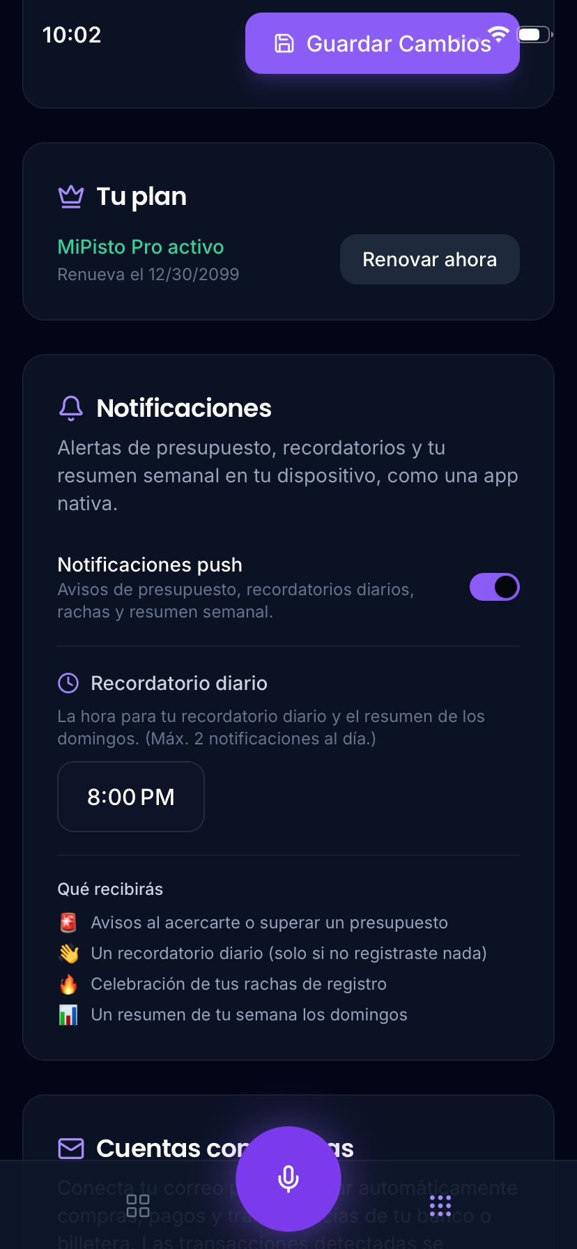 Configuración mostrando el plan MiPisto Pro activo