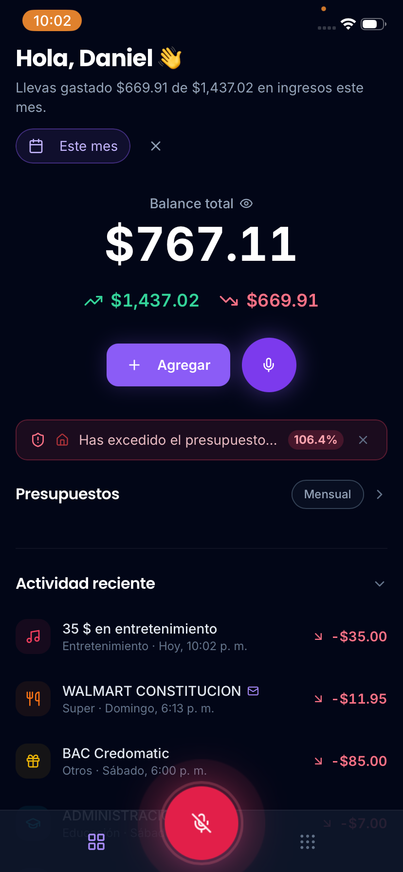 Registrando un gasto por voz en MiPisto